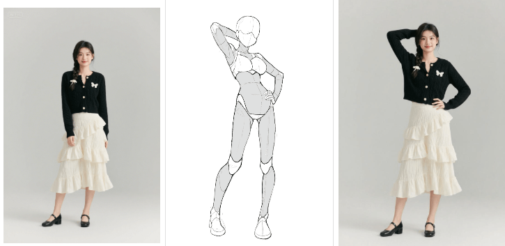 AI修图-Nanobanana修图改姿势前后对比效果图