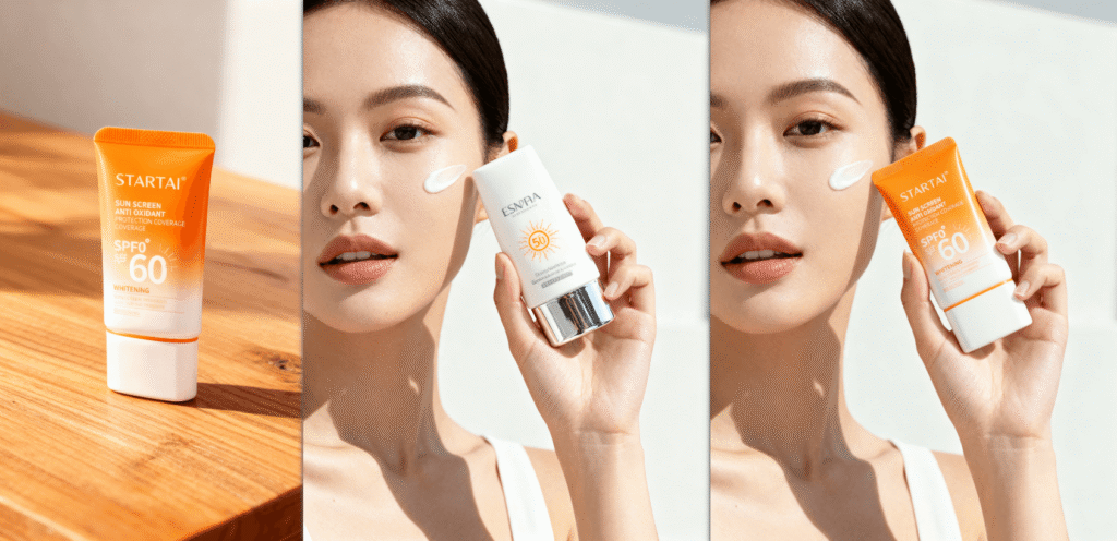 AI修图 左产品图 中模特图 右效果图