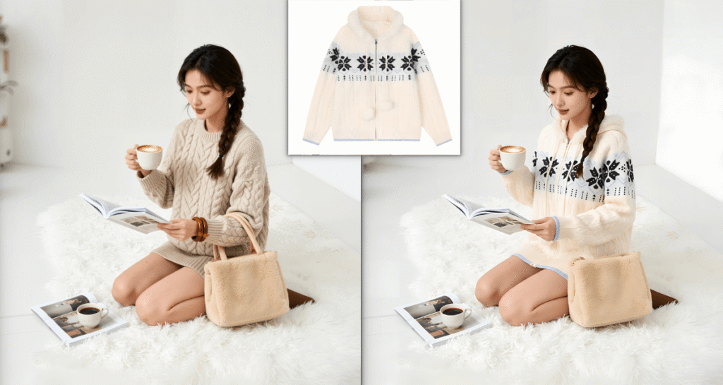 AI修图，NanoBanana修图，毛衣迁移示意图