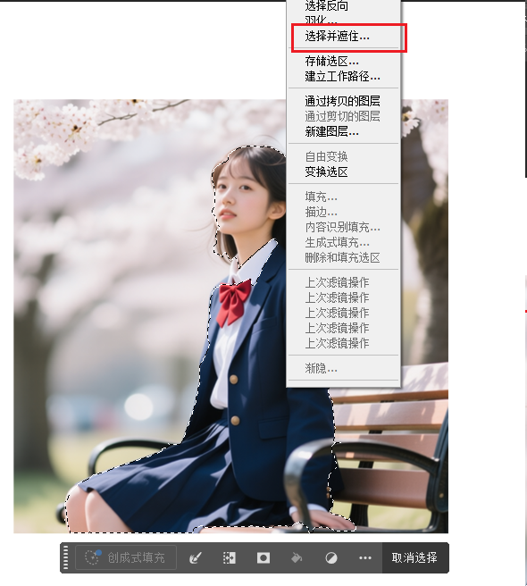 右键选区在菜单中点击”选择并遮住“