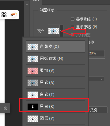 右上角视图选「黑白」