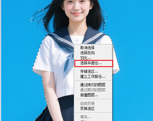 在菜单栏选择选择并遮住按钮