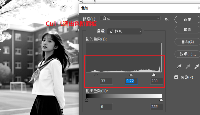 Ctrl+L调出色阶,调节滑块的位置