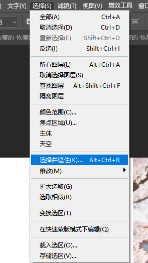 顶部菜单选择,然后【选择并遮住】