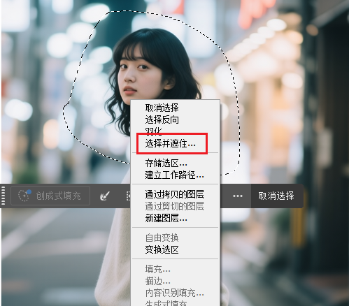 右键点击选区弹出菜单,然后点击选择并遮住