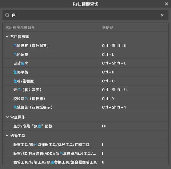 输入需要查询的PS功能关键词（如“色阶”）