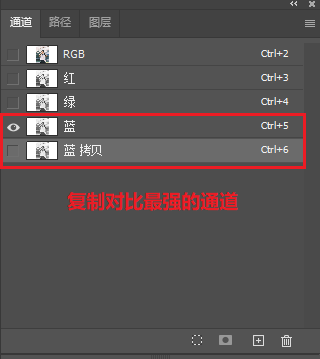 在「通道」面板选择对比最明显的通道复制