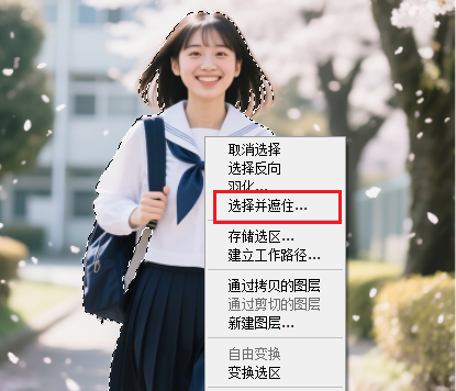 点击"选择并遮住",调整边缘参数