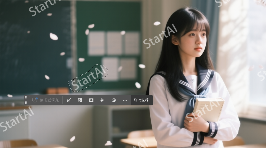 用ps套索工具或矩形选框工具框选水印位置