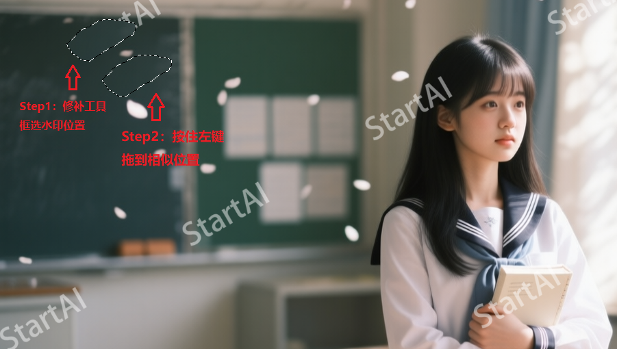 用修补工具框选水印位置