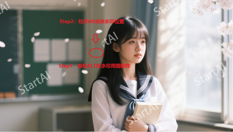 仿制图章工具去除水印位置