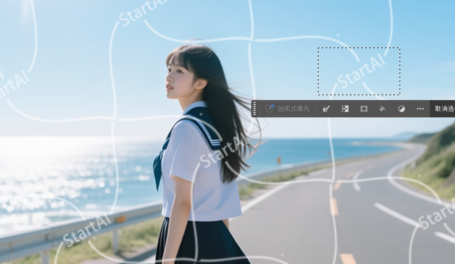 用PS矩形选框工具框选水印区域