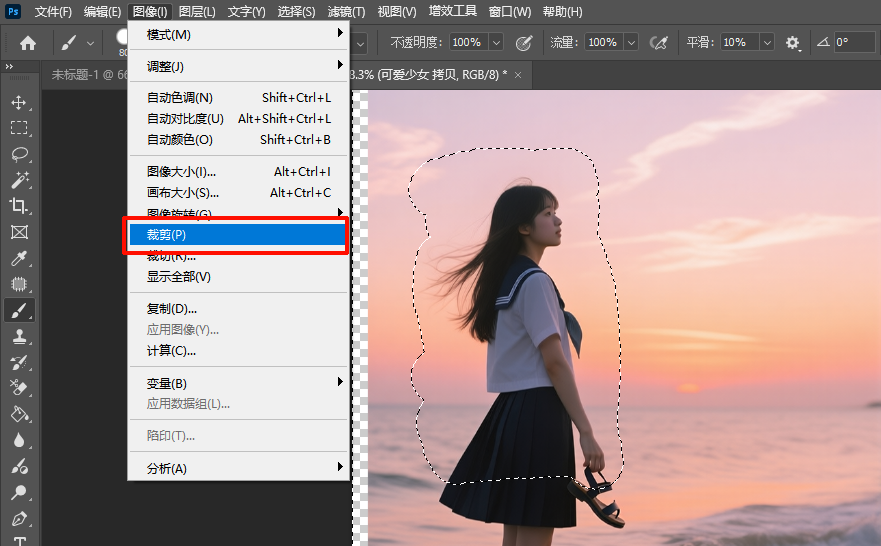 在PS中执行“图像-裁剪”命令