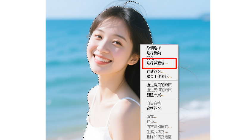 右键选区弹出菜单，选择“选择并遮住”功能