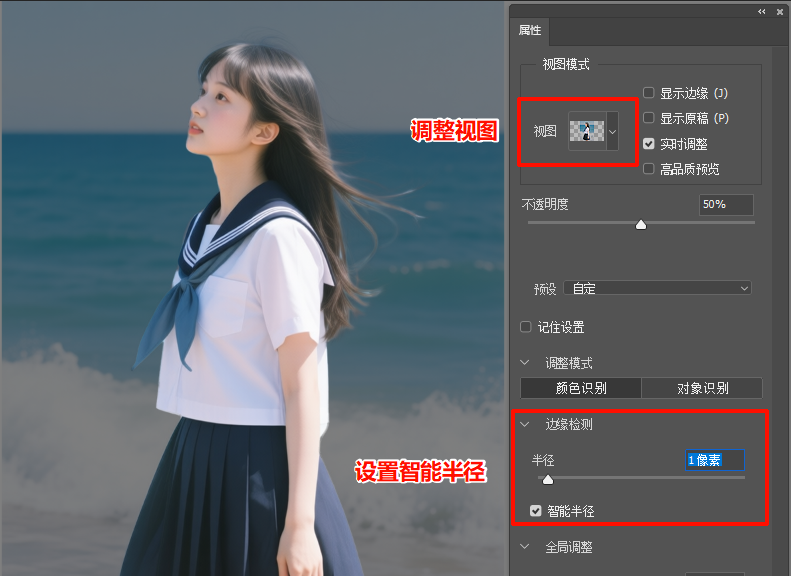 右侧面板切换视图为黑底，勾选智能半径
