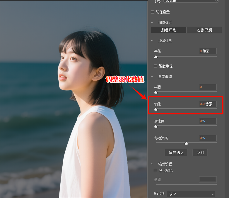 在右侧「全局调整」面板中,拖动“羽化”滑块调整羽化数值