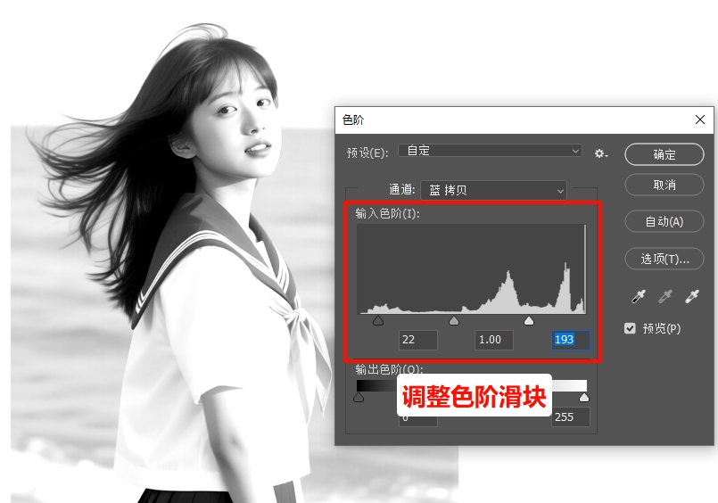 调整色阶滑块,增强对比度