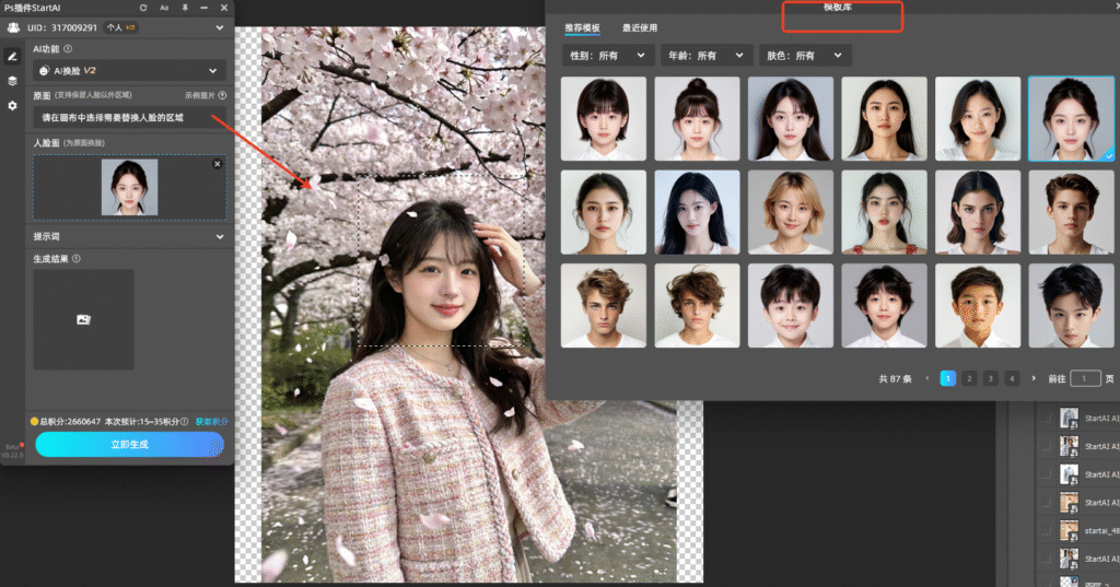 在 AI 换脸 操作界面中，按提示分别上传