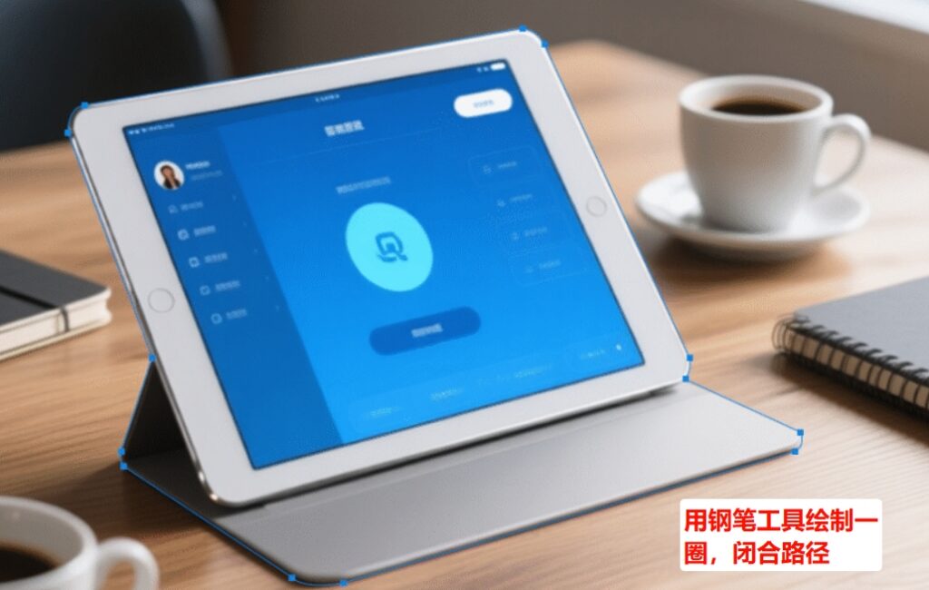 用钢笔工具绘制一圈，闭合路径