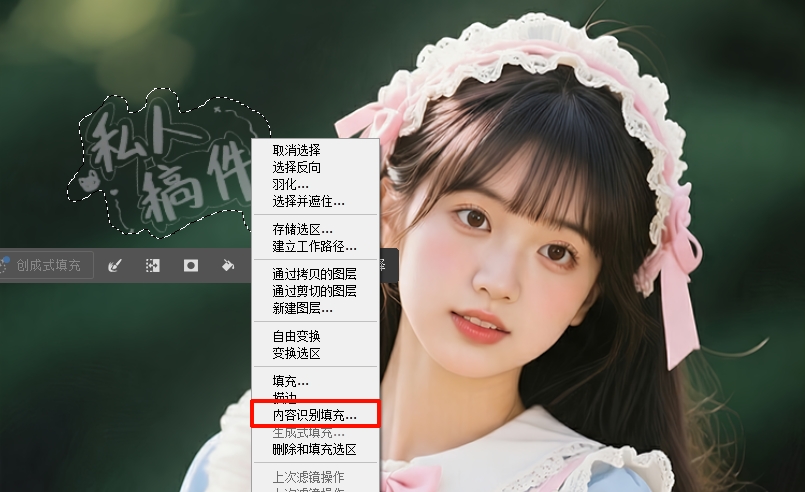 右键选区，选择内容识别填充