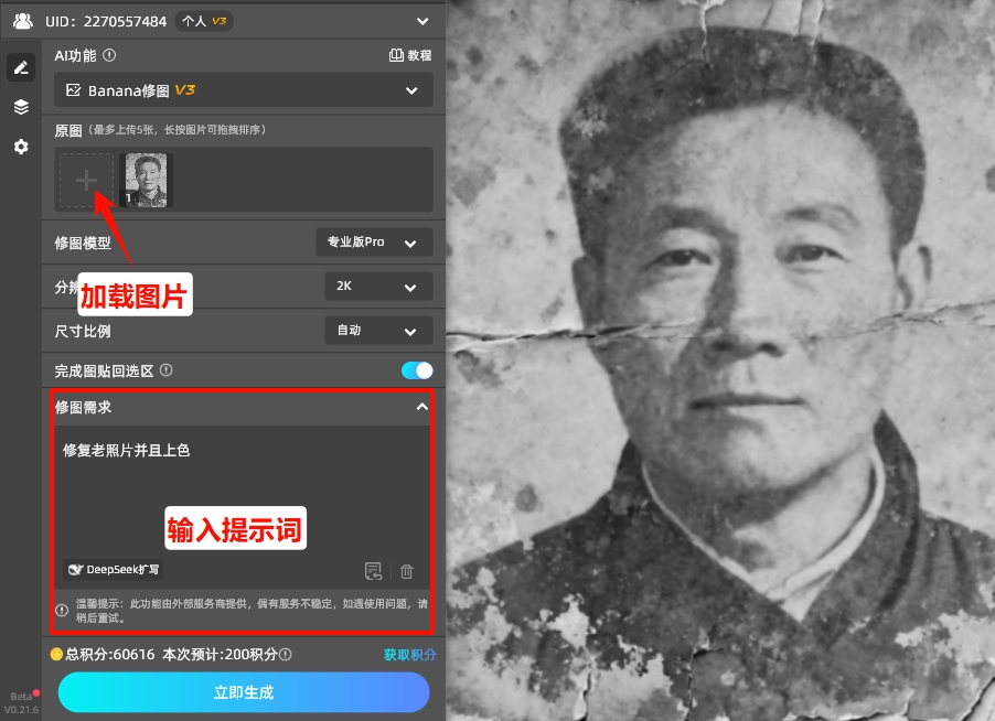 加载黑白照片，然后输入对应的提示词