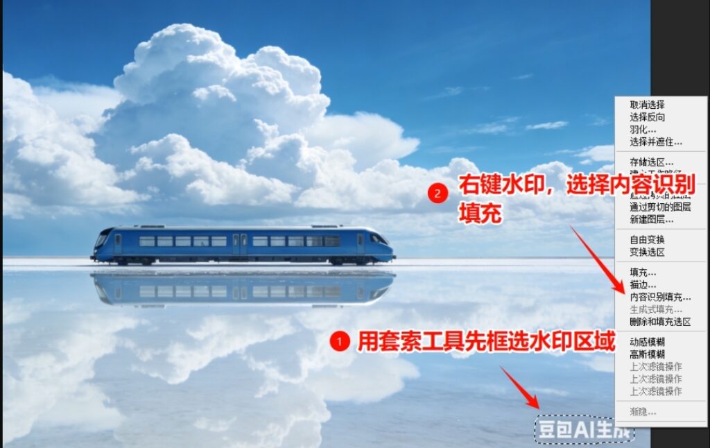 框选豆包水印区域,然后右键菜单选择内容识别填充