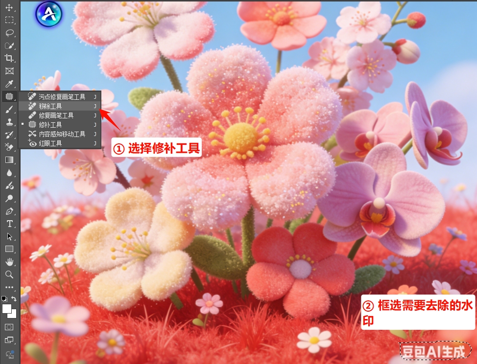 用「修补工具」框选豆包水印区域