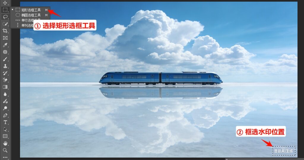 用「矩形选框工具」,框选“豆包AI生成”水印区域