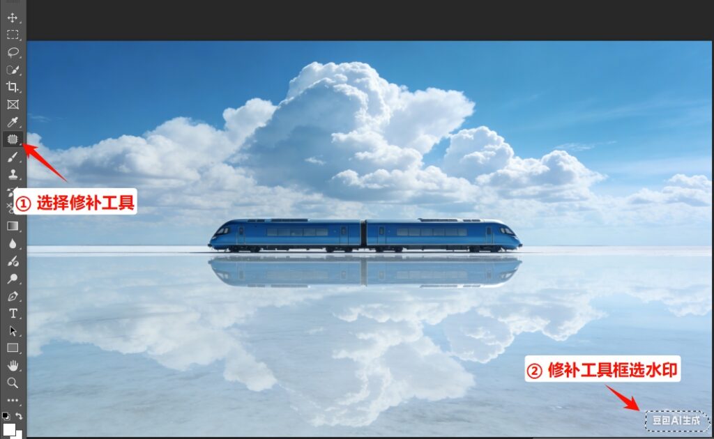 用「修补工具」,框选“豆包AI生成”水印区域