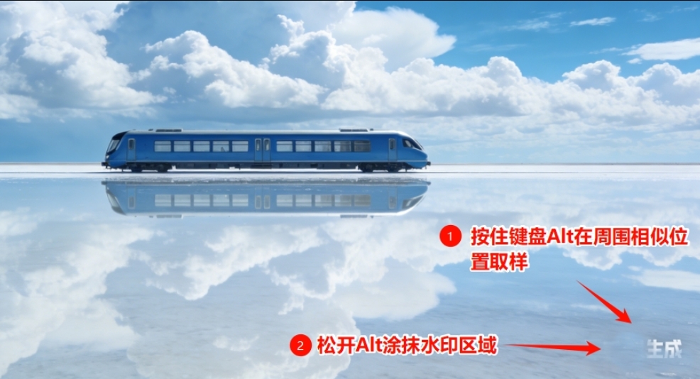 按住Alt在水印周围取样，然后在涂抹水印区域