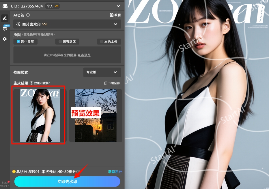 点击「立即去水印」按钮去除照片水印