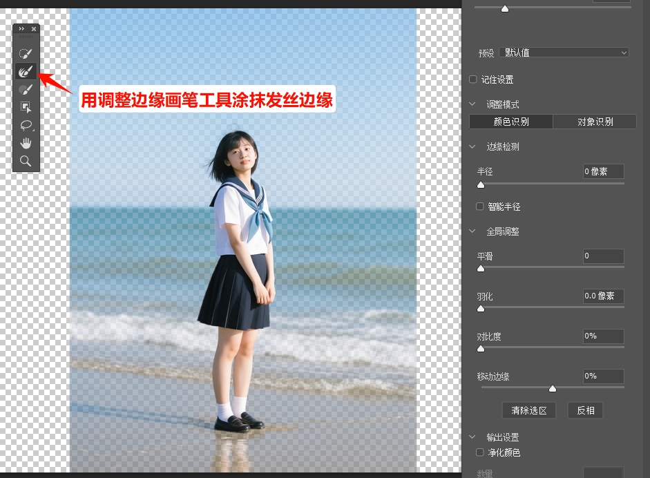 用“调整边缘画笔工具”涂抹发丝、边缘细节