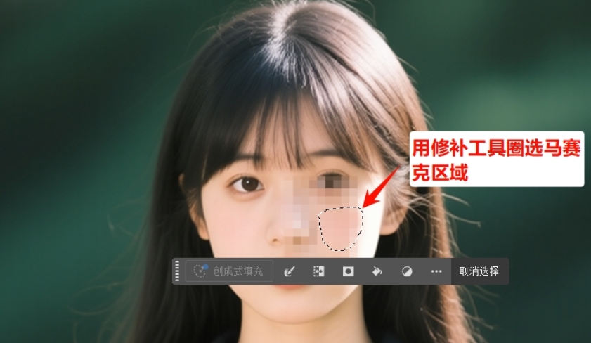用PS自带的修补工具，圈选马赛克所在的位置