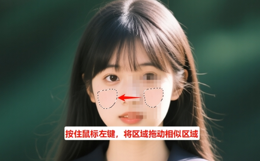  按住鼠标左键，将圈选的马赛克区域拖动到相似的位置