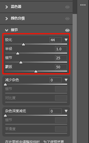  切换至“细节”面板，调整锐化、数量、蒙版参数