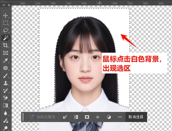 用魔棒工具点击照片的白色背景，背景会出现虚线选区