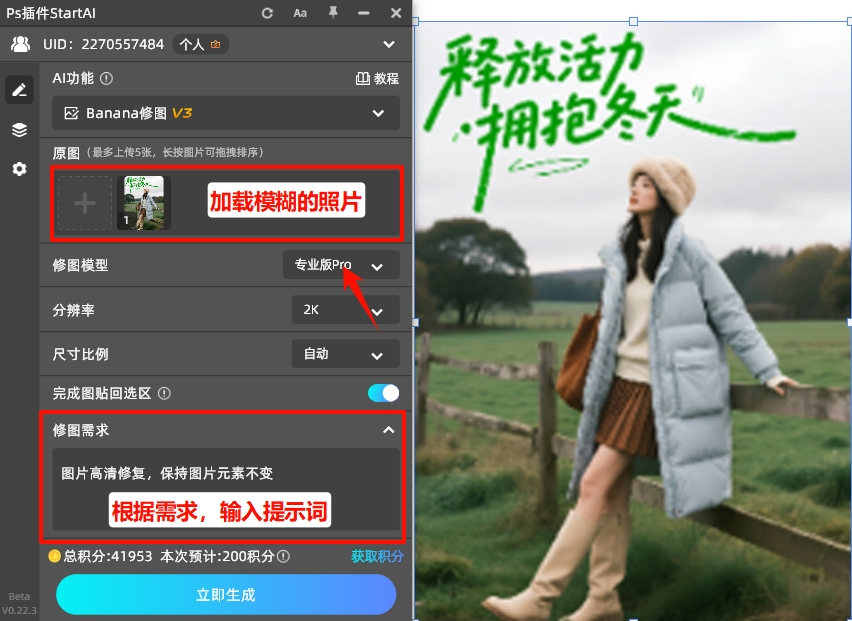 在插件面板的修图需求，填写对应的提示词