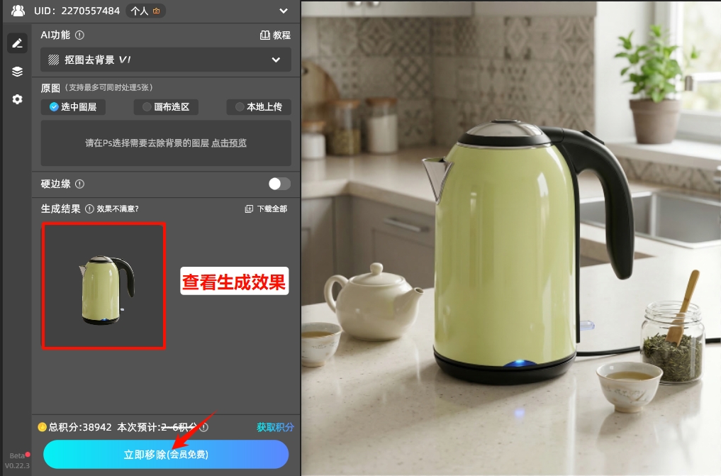 点击立即生成按钮,插件会自动分离主体和背景