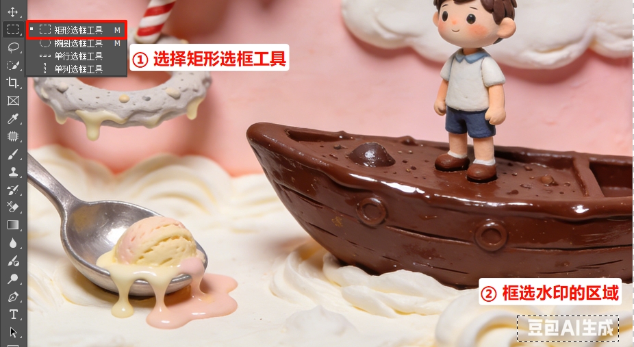 用PS自带的矩形选框工具，框选水印所在的文字