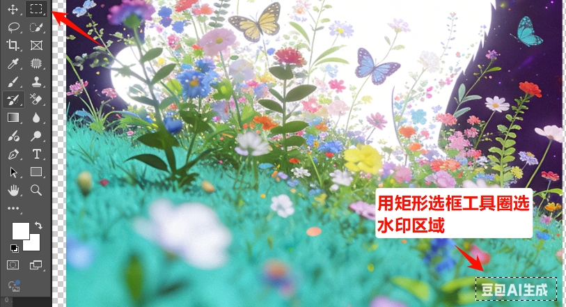 用套索工具或矩形选框工具框选水印区域