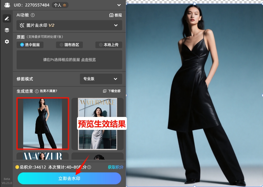 点击立即去水印按钮，彻底去除图片上的文字