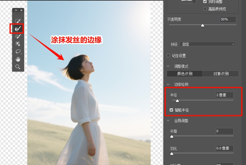 设置智能半径，用调整边缘画笔工具沿头发边缘轻轻扫动