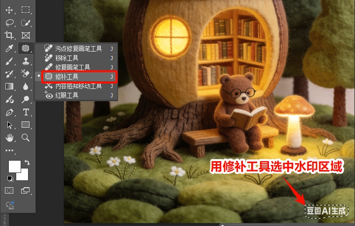 用PS自带的修补工具框选豆包水印区域