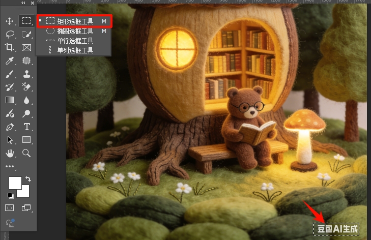 用“矩形选框工具”框选豆包水印位置