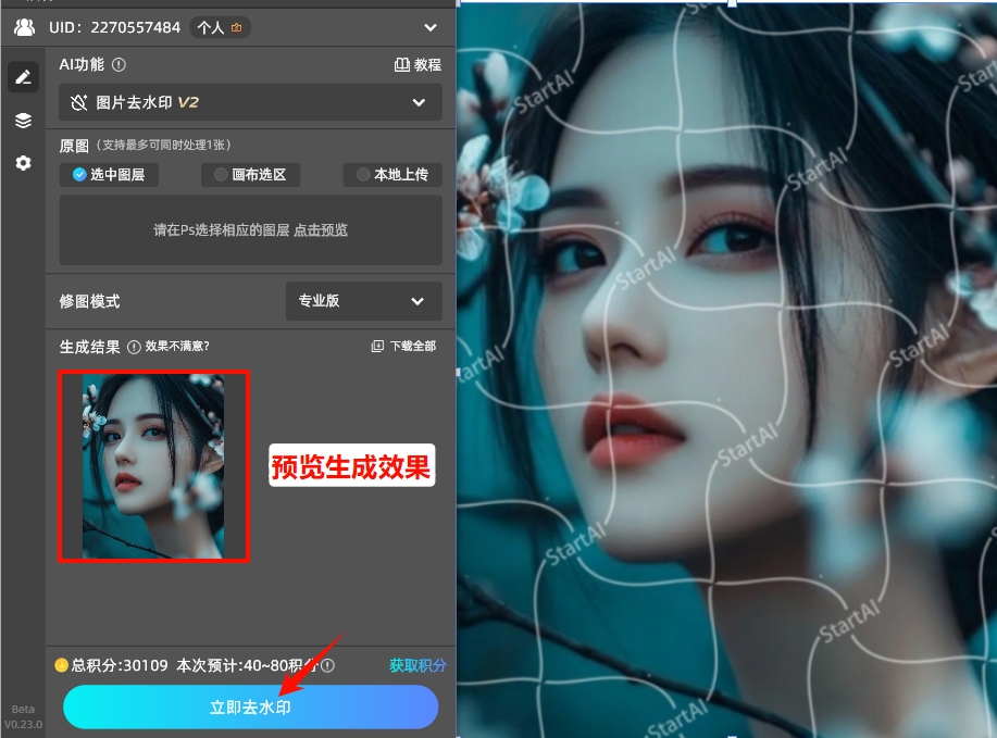 点击“立即去水印”按钮,自动生成去除水印后的效果