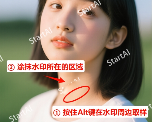 按住Alt键取样,然后在水印区域涂抹