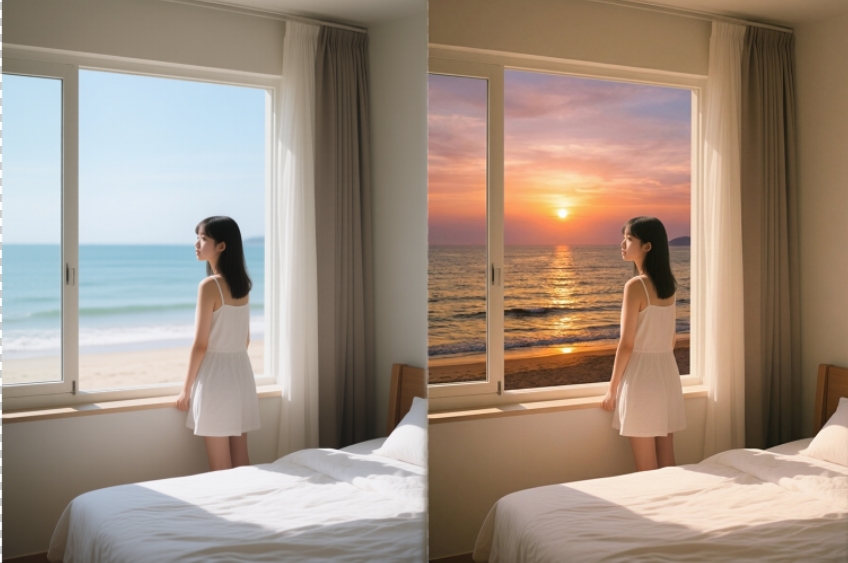 AI高级修图,把窗外景色改成海边夕阳