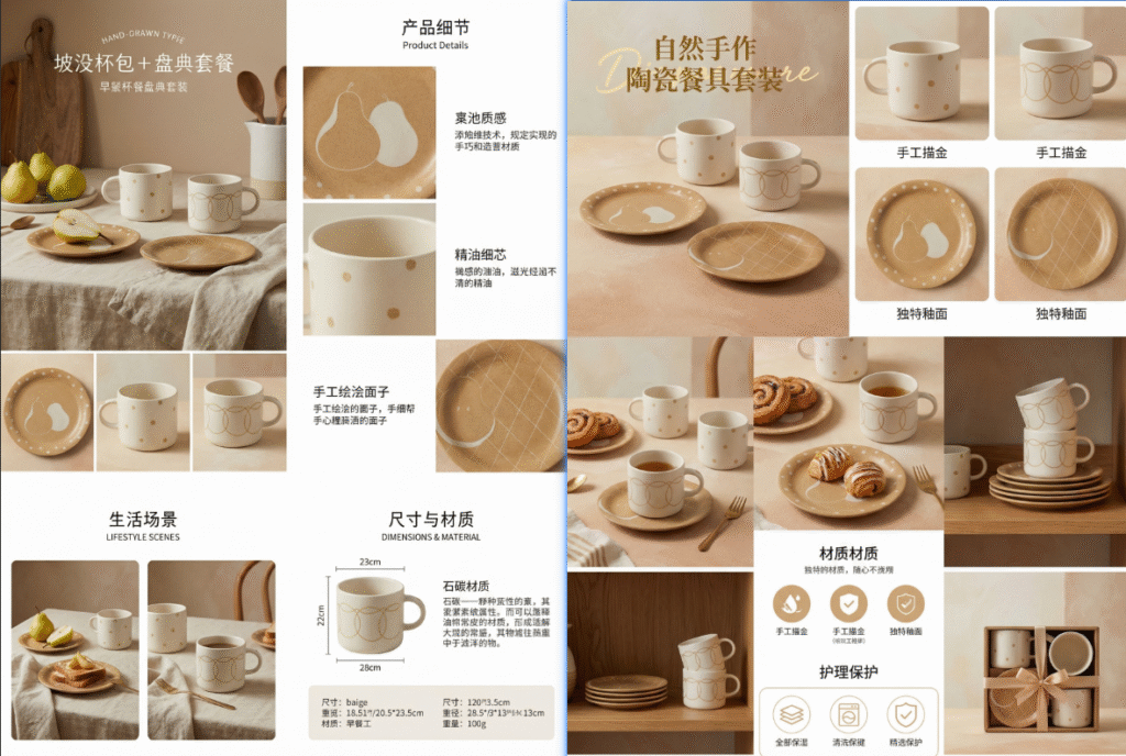 根据参考图的配色和风格，自动生成一套完整的电商详情页套图