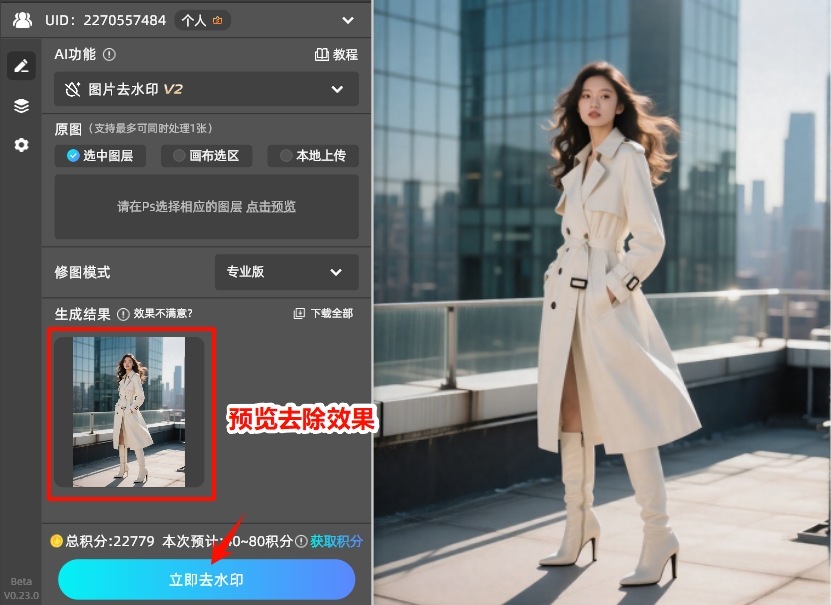 点击立即去水印按钮,插件会自动删除图片中的所有文字