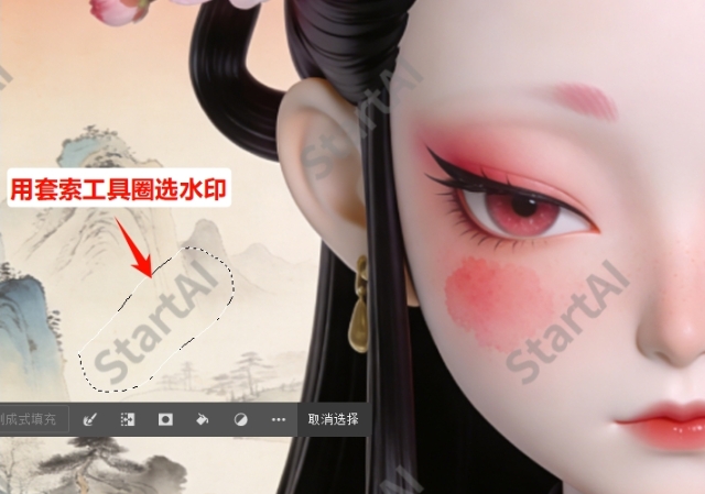 用Photoshop矩形选框工具或套索工具框选水印区域